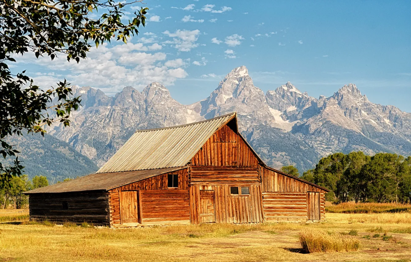 Photo wallpaper field, mountains, home, house, USA, national Park, Grand Teton