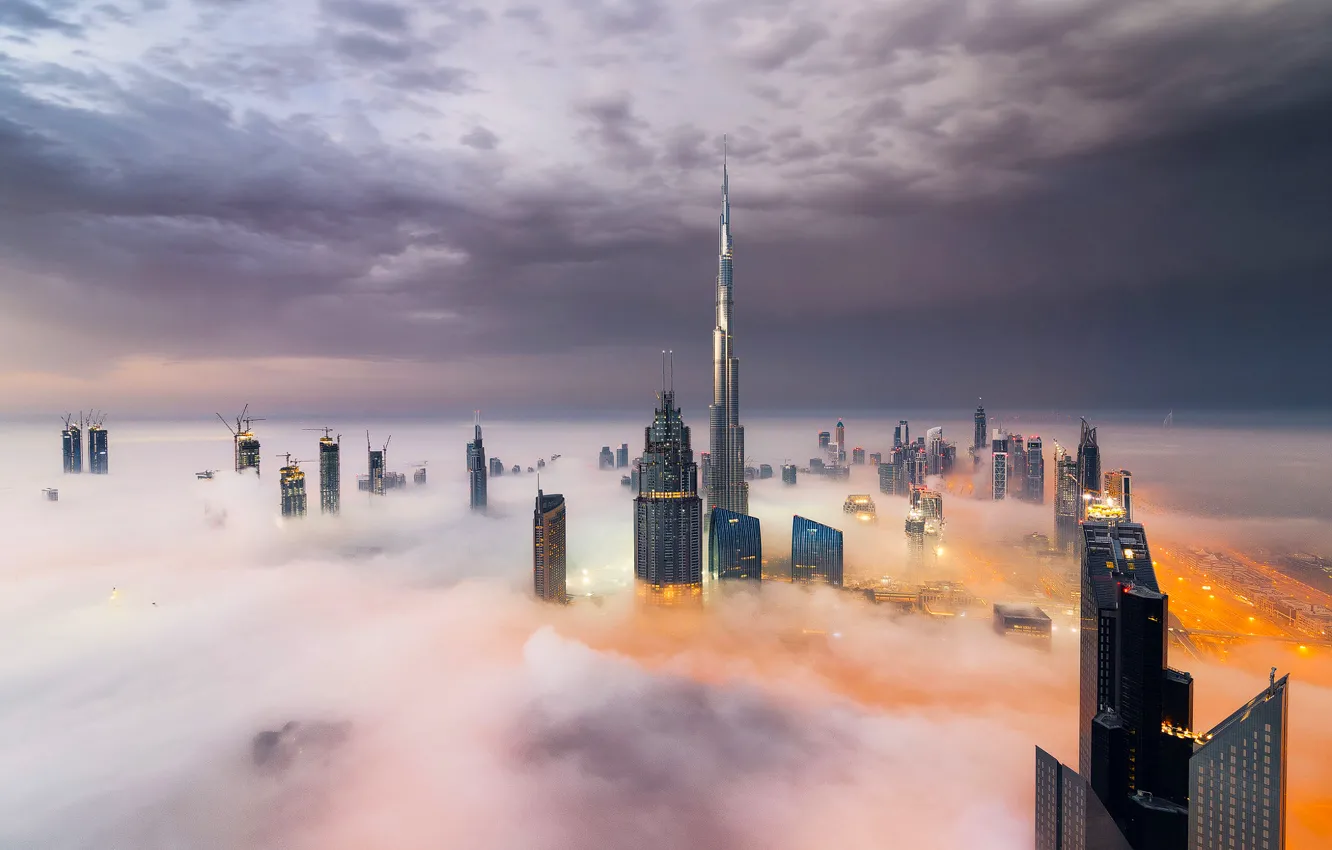 Photo wallpaper Clouds, Dubai, Smoke, Burj Khalifa, Skyscraper, Foggy