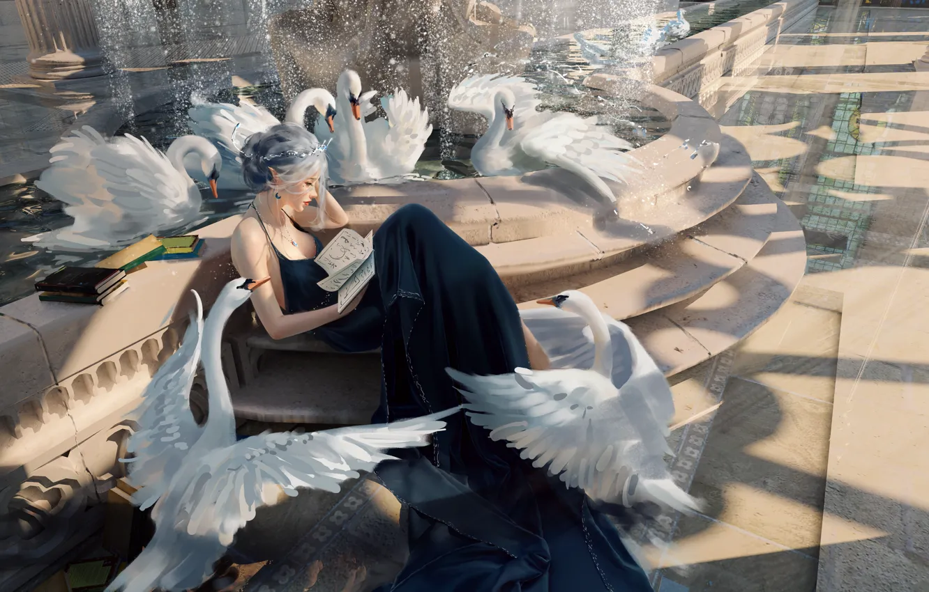 Photo wallpaper elf, swans, Princess, Wlop