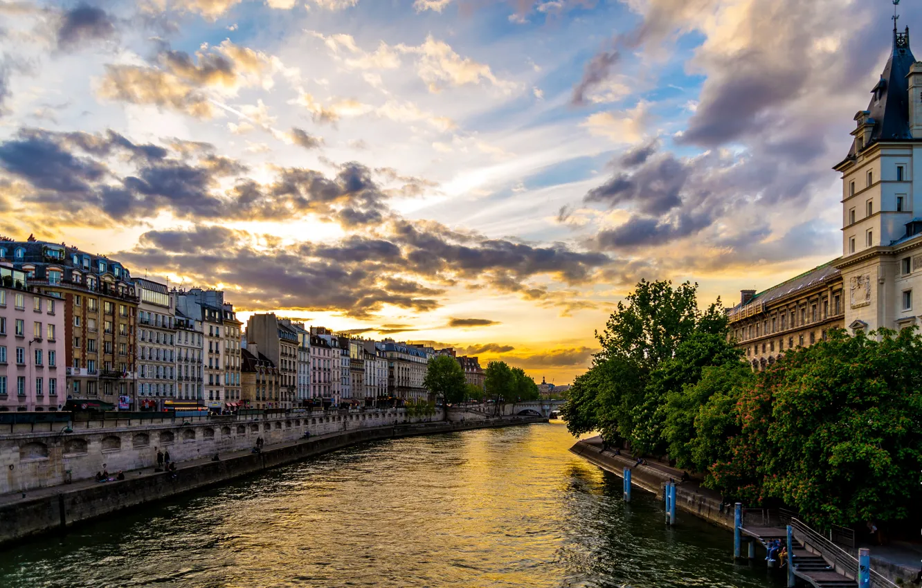 Photo wallpaper sunset, river, France, home, channel, France, Houses, Rivers
