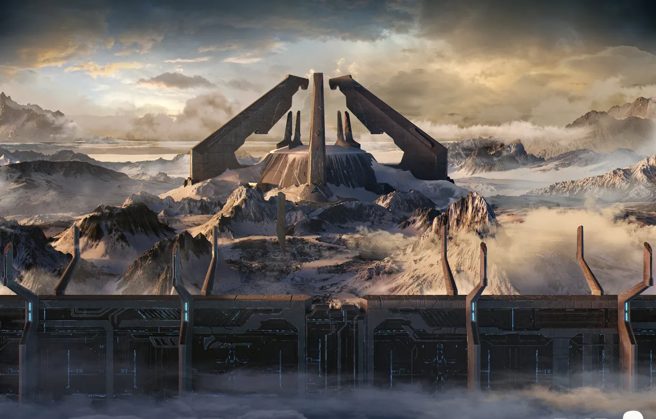 Photo wallpaper clouds, mountains, construction, Library Exterior, Halo 2 Anniversary