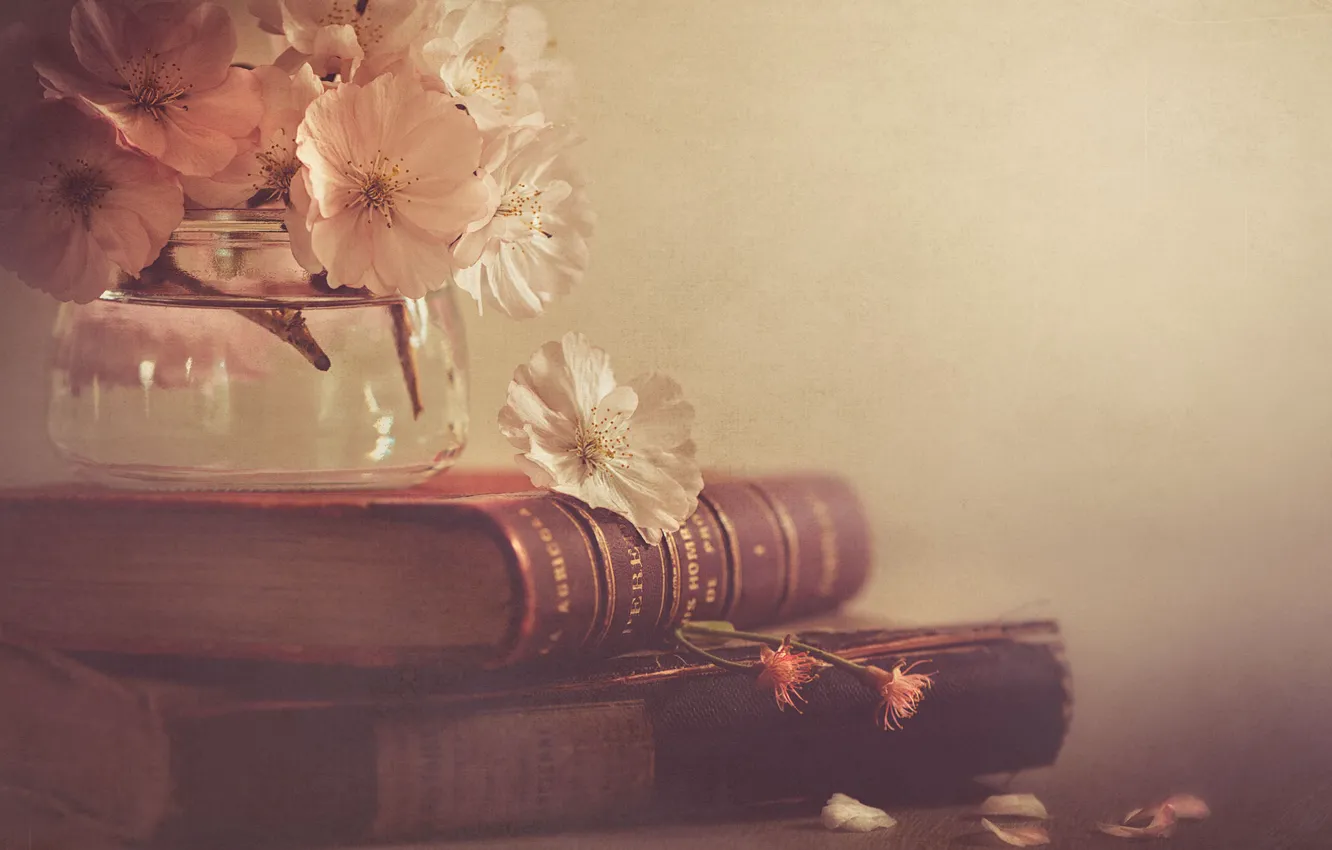 Photo wallpaper flowers, style, books, Bank