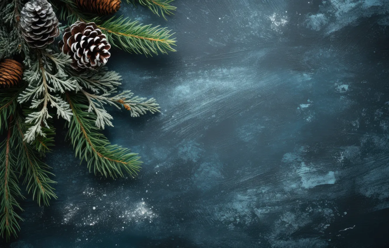 Photo wallpaper branches, new year, Christmas, needles, bumps, blue background, AI art, neural network