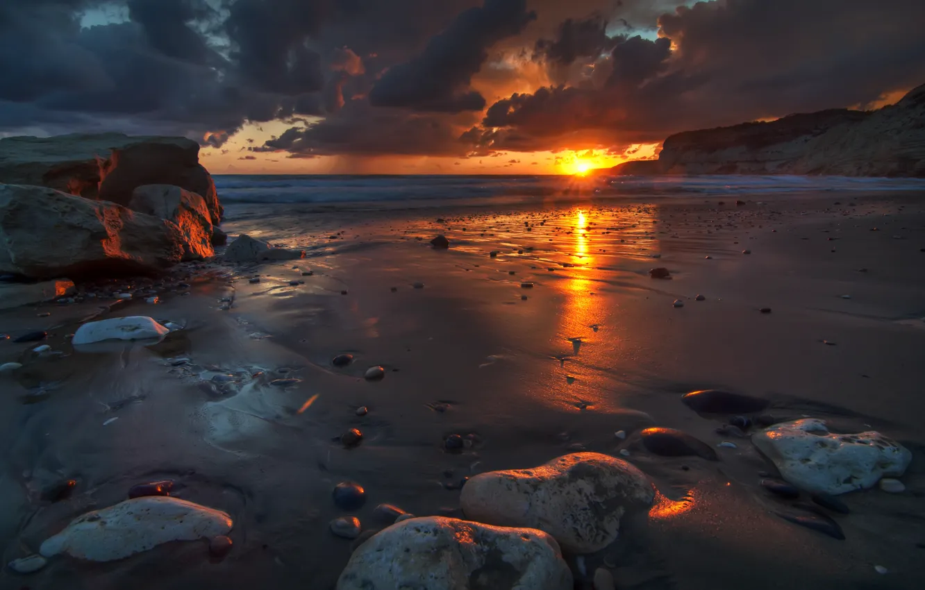 Photo wallpaper sand, wave, the sky, water, the sun, clouds, landscape, nature