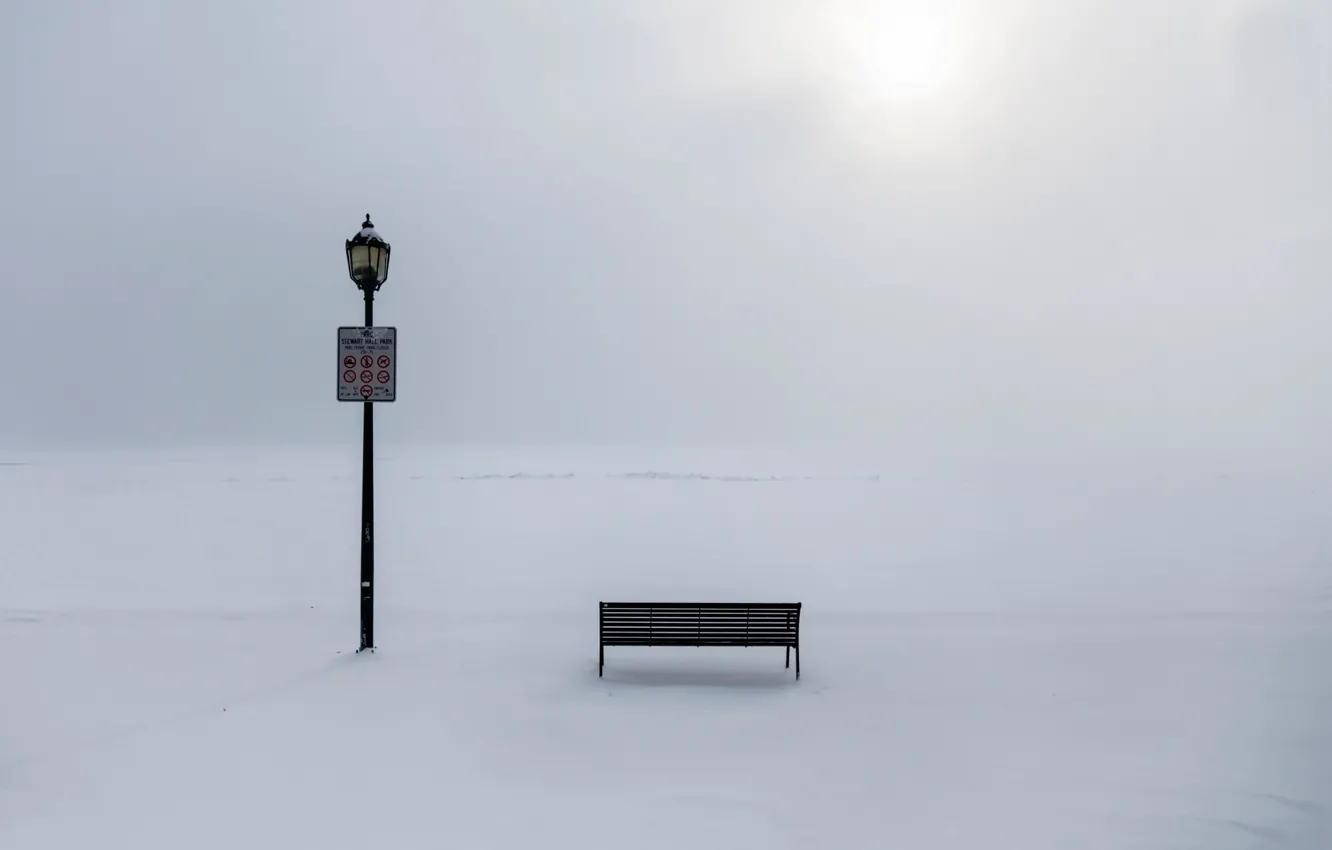 Photo wallpaper winter, frost, lantern, the snow, bench, ban
