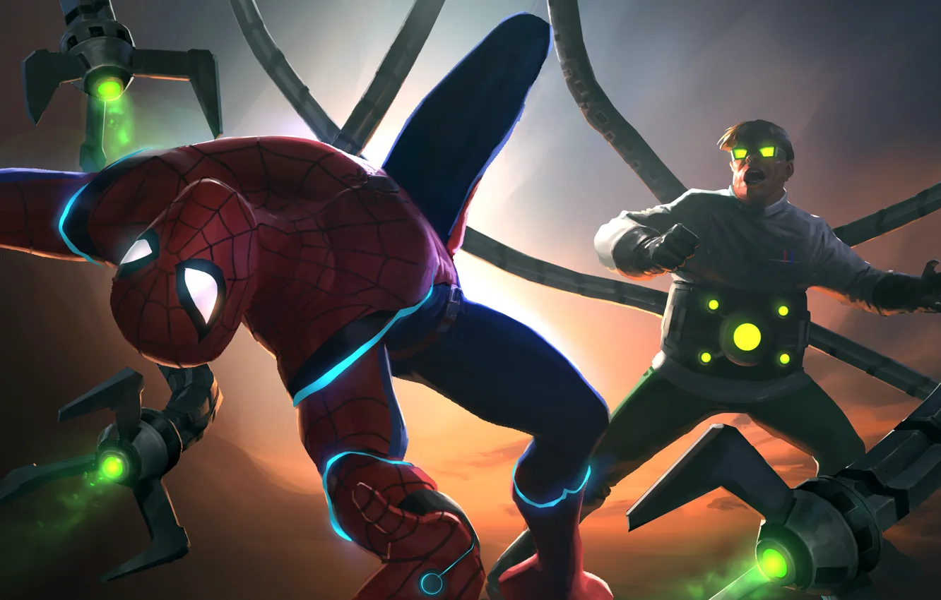 Photo wallpaper fight, Peter Parker, Doctor Octopus, Spider Man, Otto Octavius