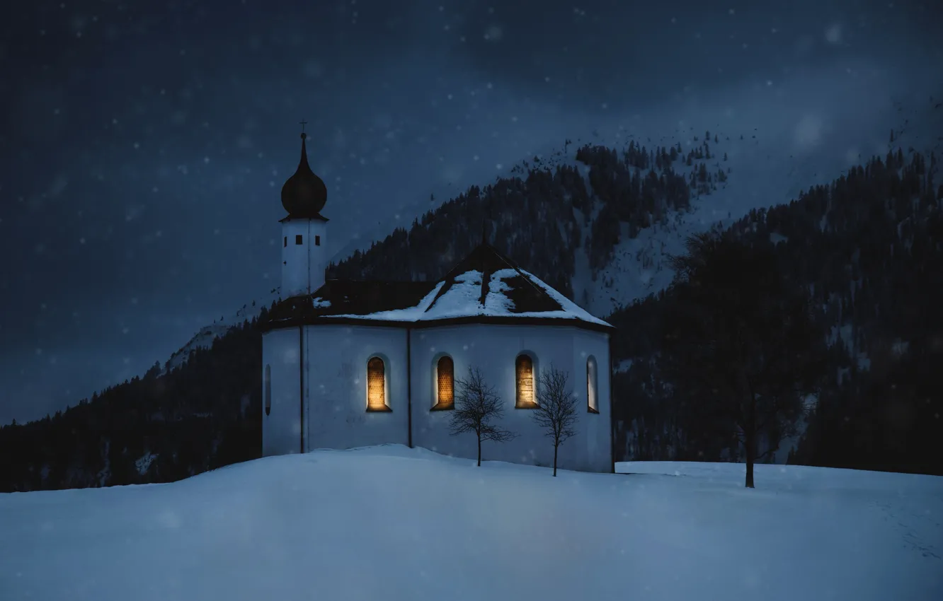 Photo wallpaper winter, field, forest, light, mountains, night, lights, slope