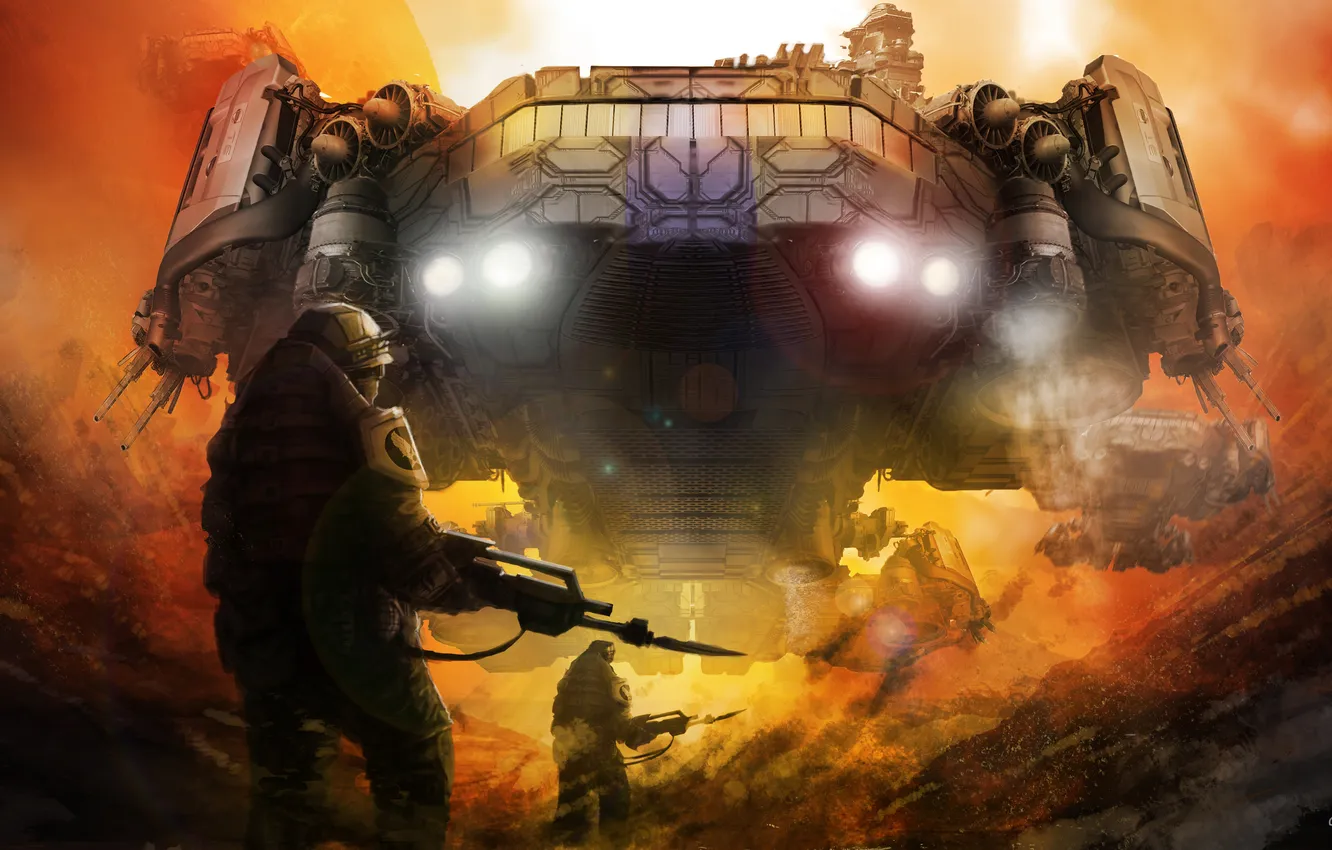 Photo wallpaper weapons, transport, smoke, ship, art, soldiers, armor