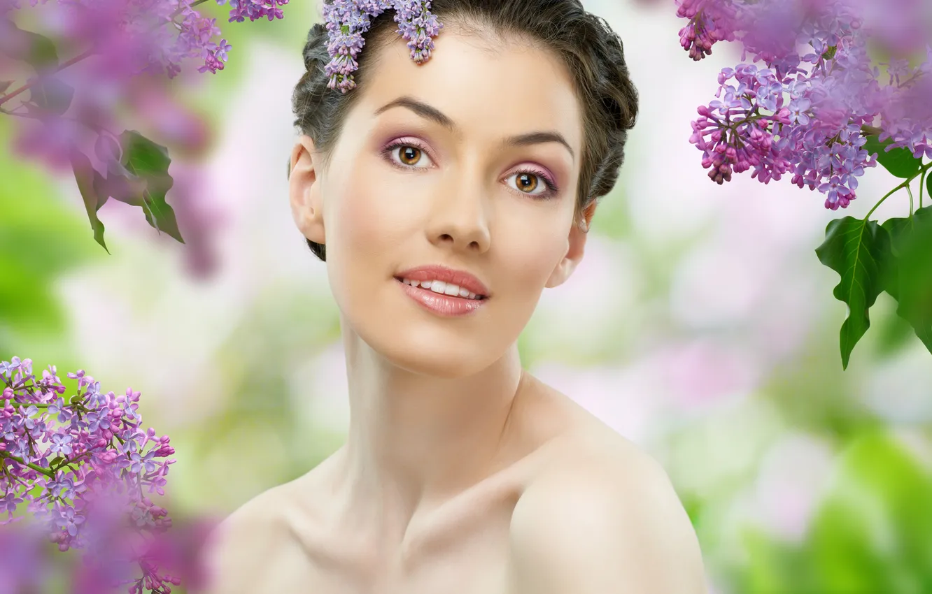 Photo wallpaper look, leaves, girl, brown hair, lilac, bokeh, charm, brown-eyed