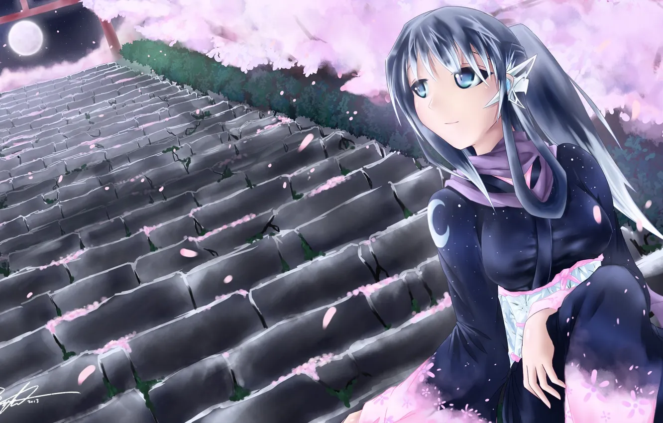 Photo wallpaper girl, the moon, ladder, sitting