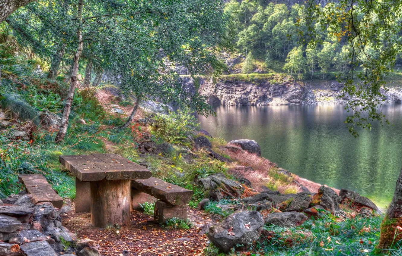Photo wallpaper nature, lake, bench