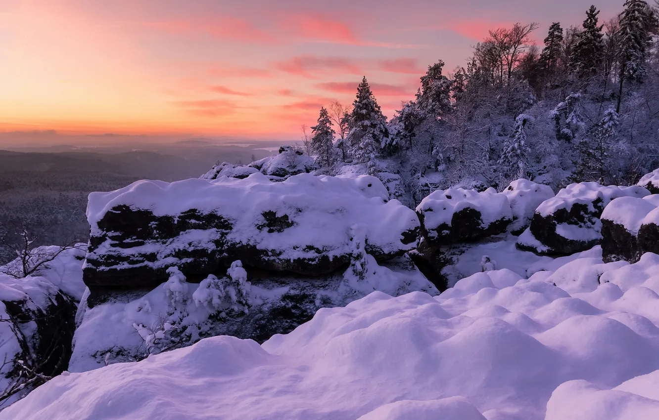 Photo wallpaper winter, sunset, mountains, nature