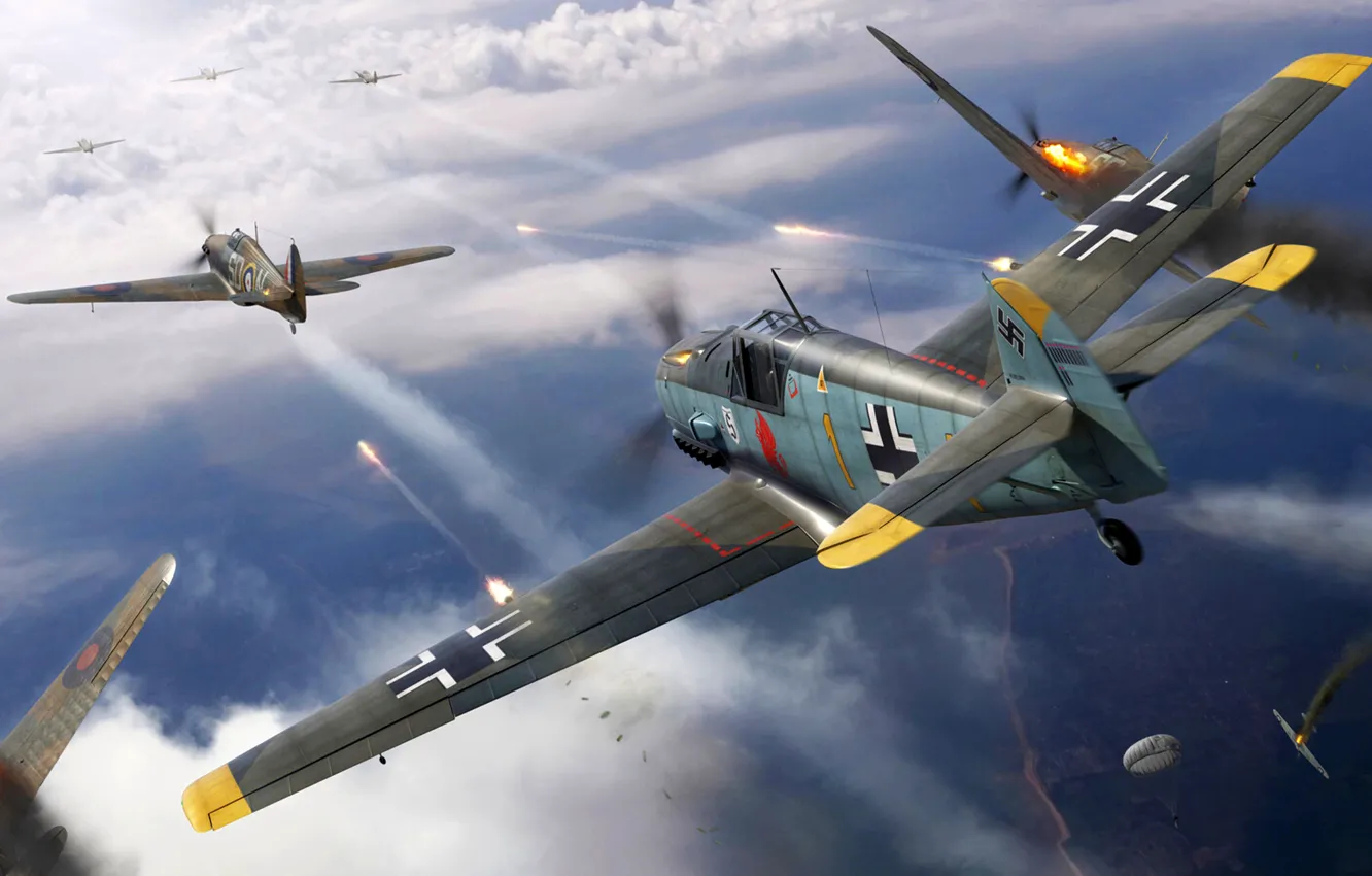 Photo wallpaper Hawker Hurricane, Bf-109, RAF, Bf.109E, Combat aircraft