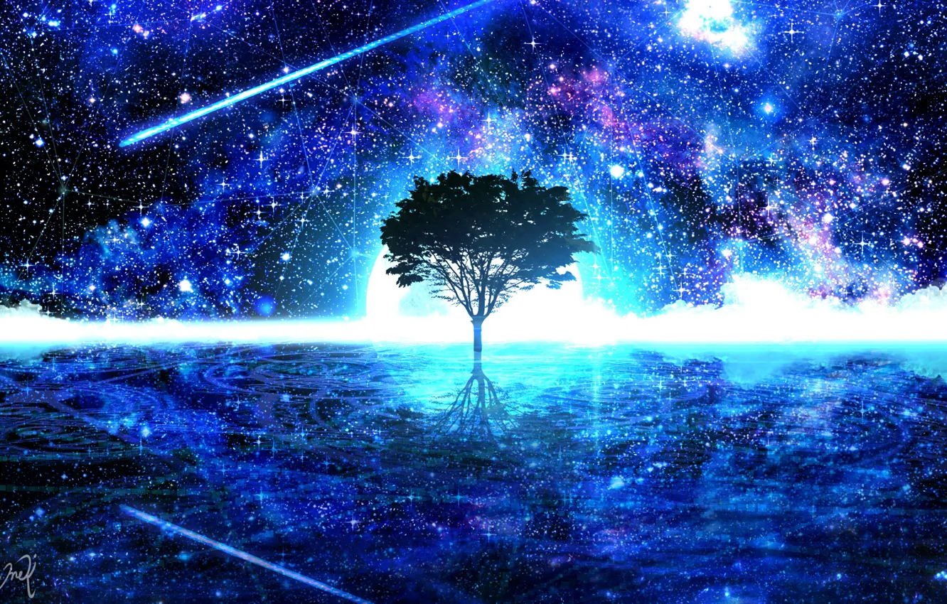 Photo wallpaper water, space, night, nature, fiction, tree