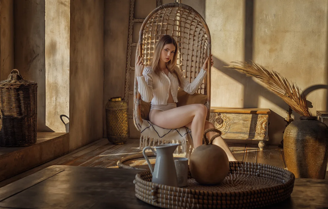 Photo wallpaper girl, legs, model, women, blonde, sitting, White Panties, sweater