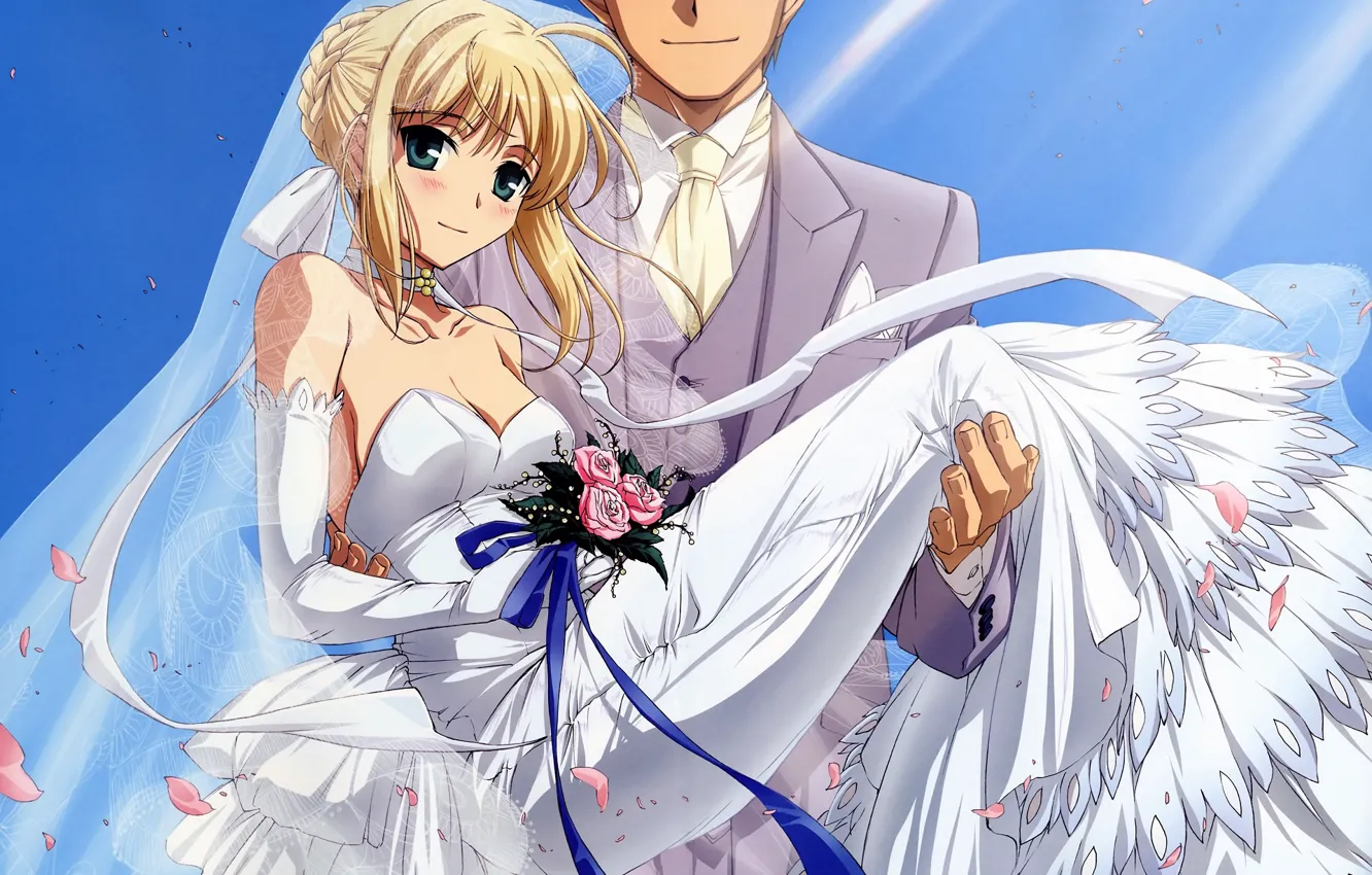 Photo wallpaper girl, bouquet, the bride, white dress, wedding, the groom, the saber, Fate stay night