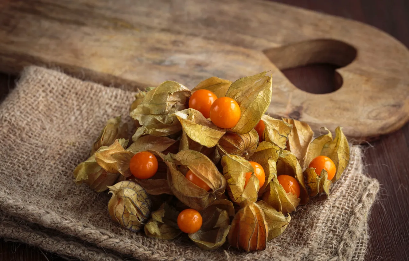 Photo wallpaper orange, berries, table, fruit, still life, vegetables, burlap, physalis