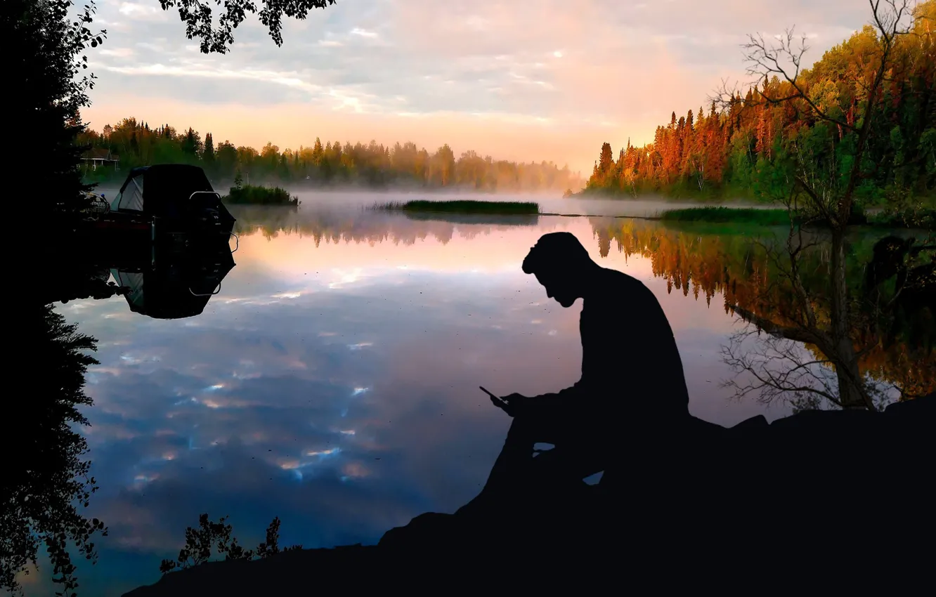 Photo wallpaper forest, lake, camping, Sunse