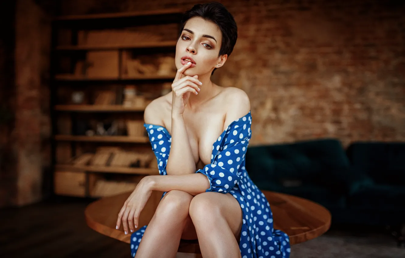 Photo wallpaper look, girl, portrait, dress, brunette, polka dot, beautiful, short hair