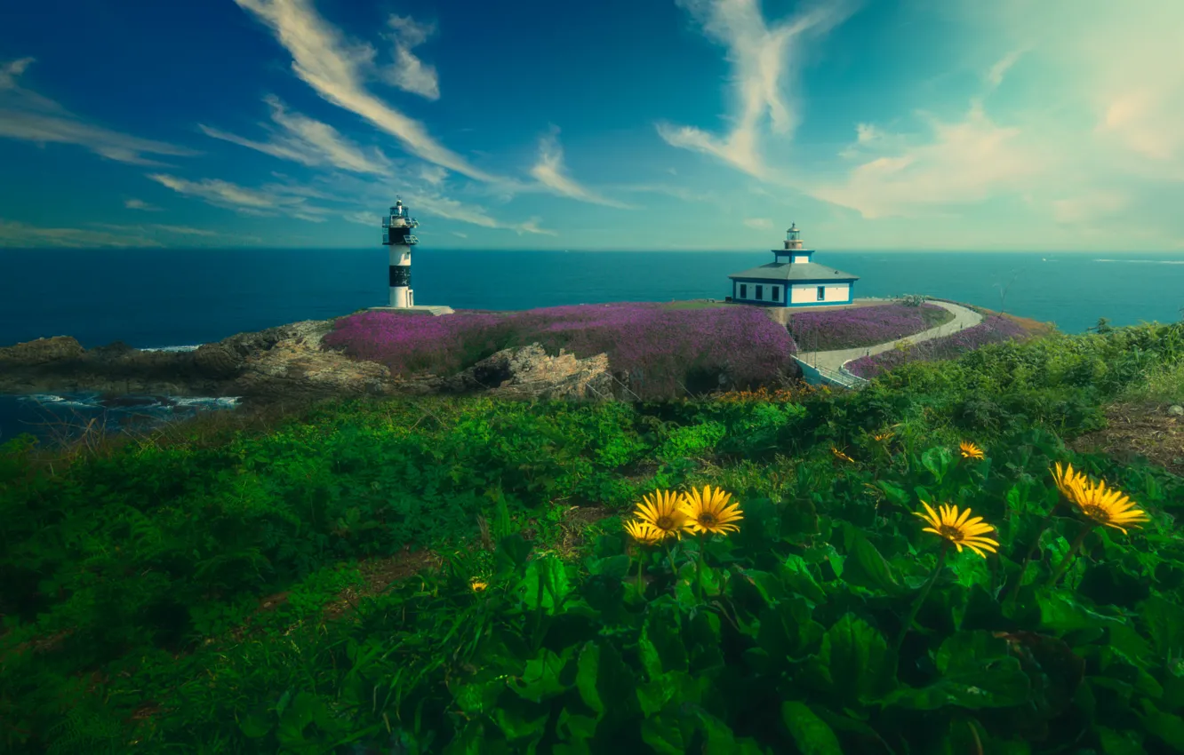 Photo wallpaper road, sea, landscape, nature, lighthouse, Spain, Galicia, Illa Pancha Lighthouse
