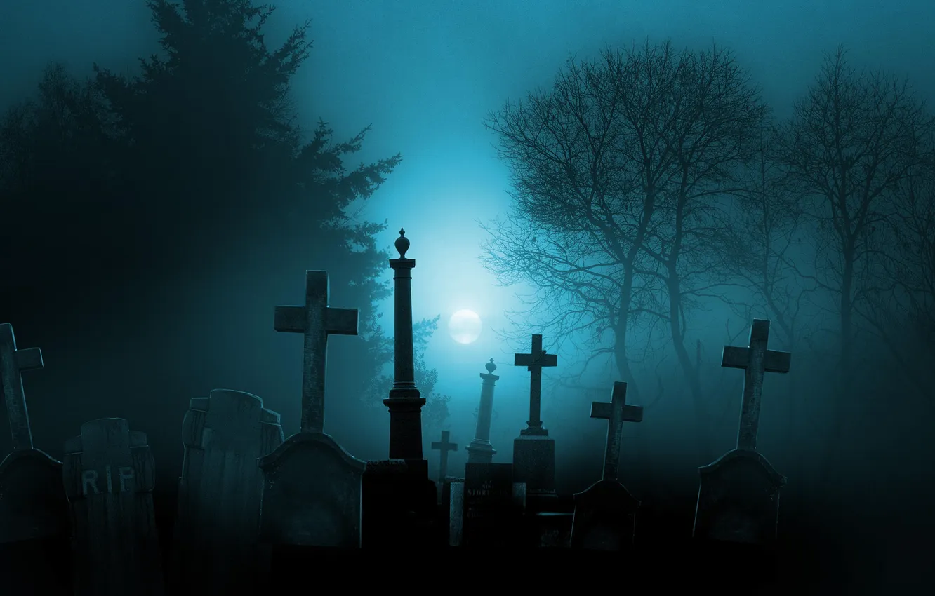 Photo wallpaper trees, night, the moon, cross, cemetery, Halloween, Halloween, horror