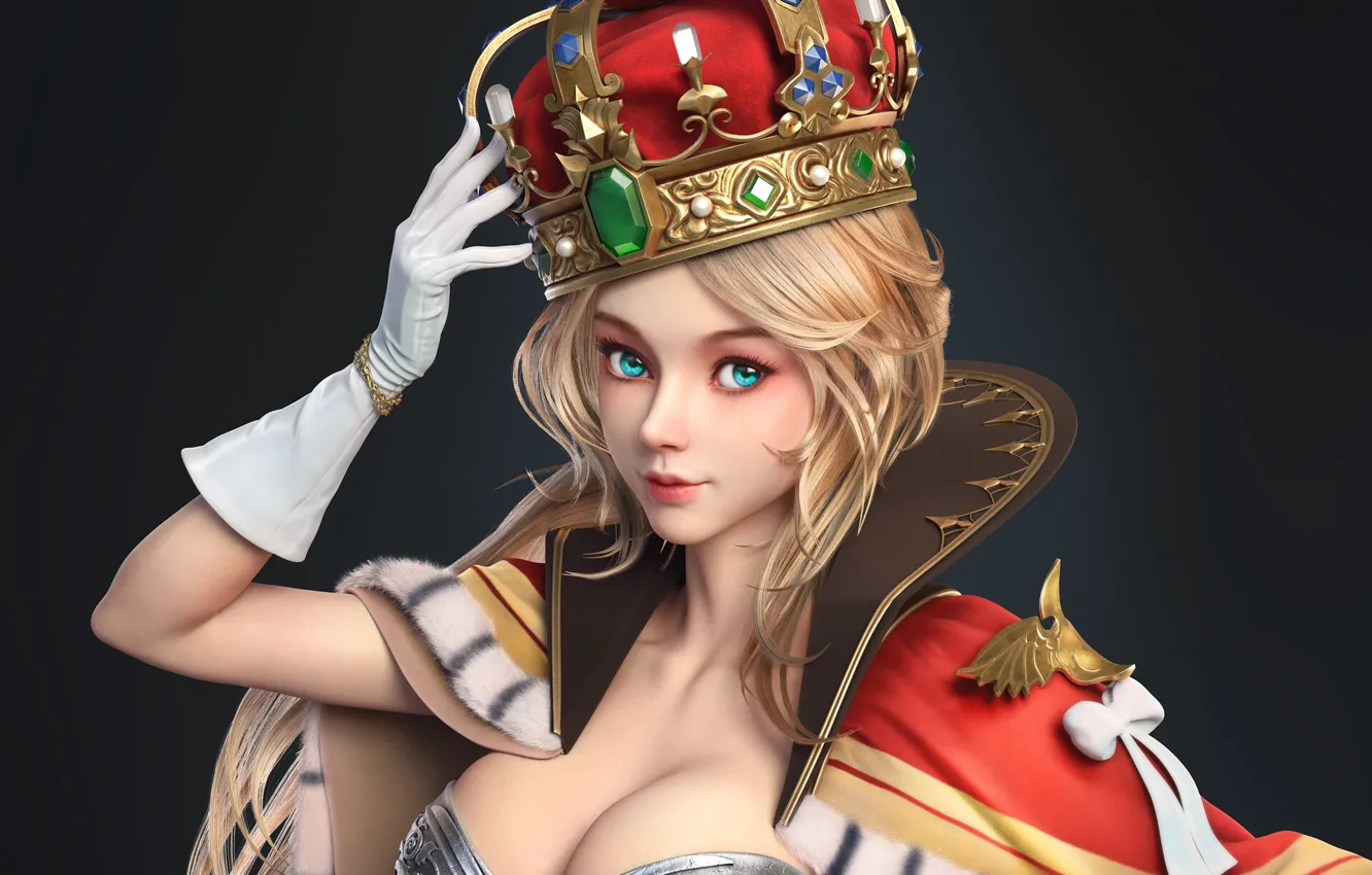 Photo wallpaper girl, fantasy, cleavage, armor, boobs, breast, blue eyes, crown