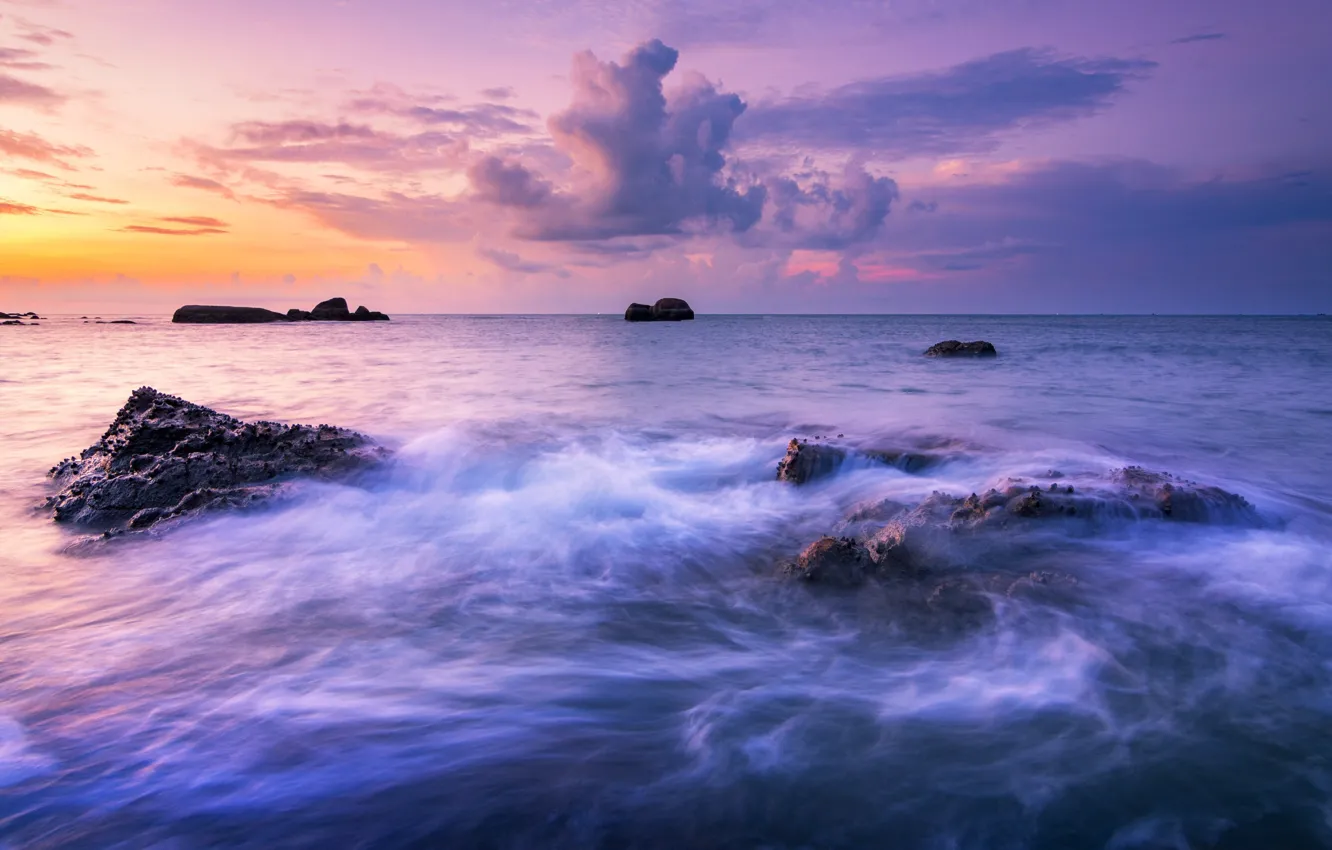 Photo wallpaper sea, clouds, sunset, stones, horizon