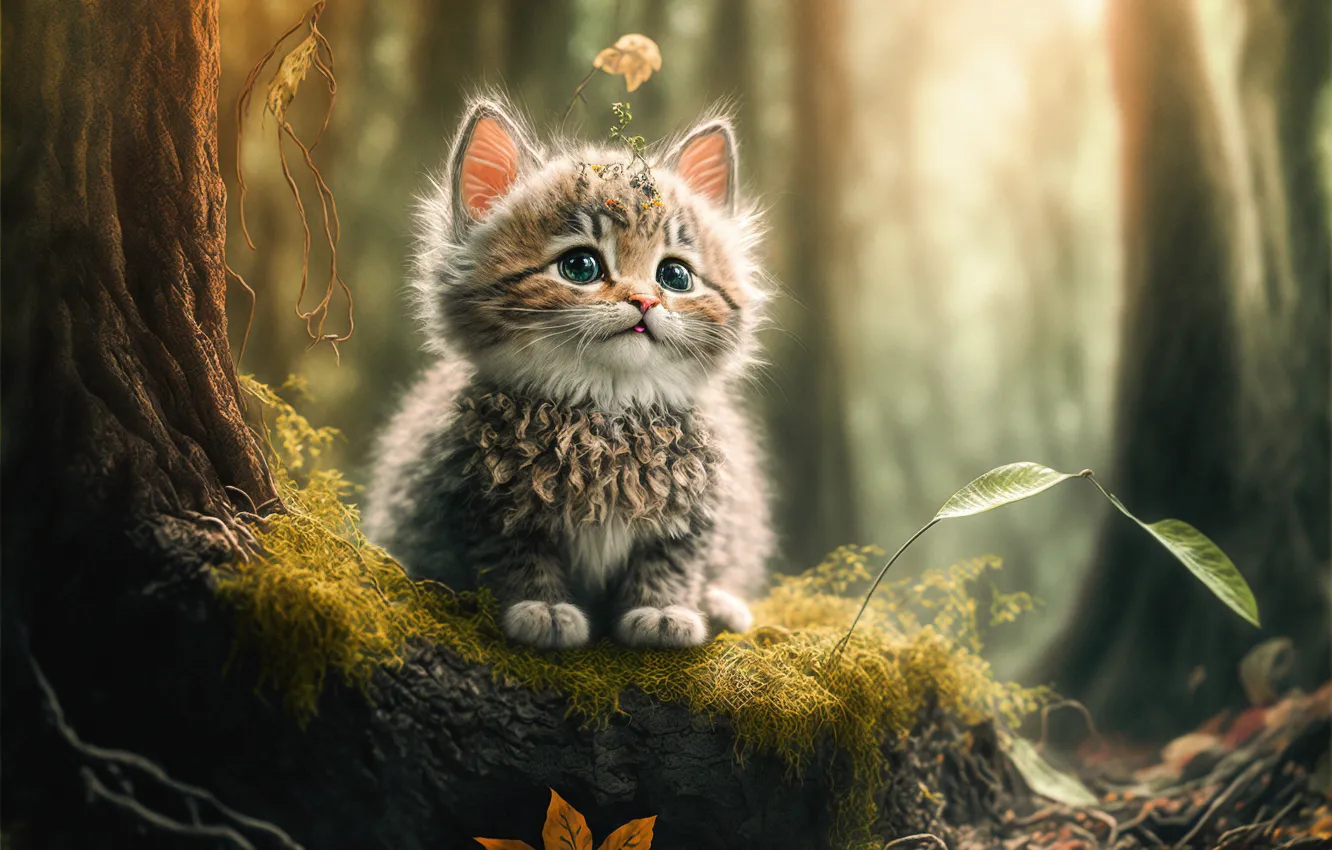 Photo wallpaper forest, cat, nature, rendering, graphics, moss, animal, baby