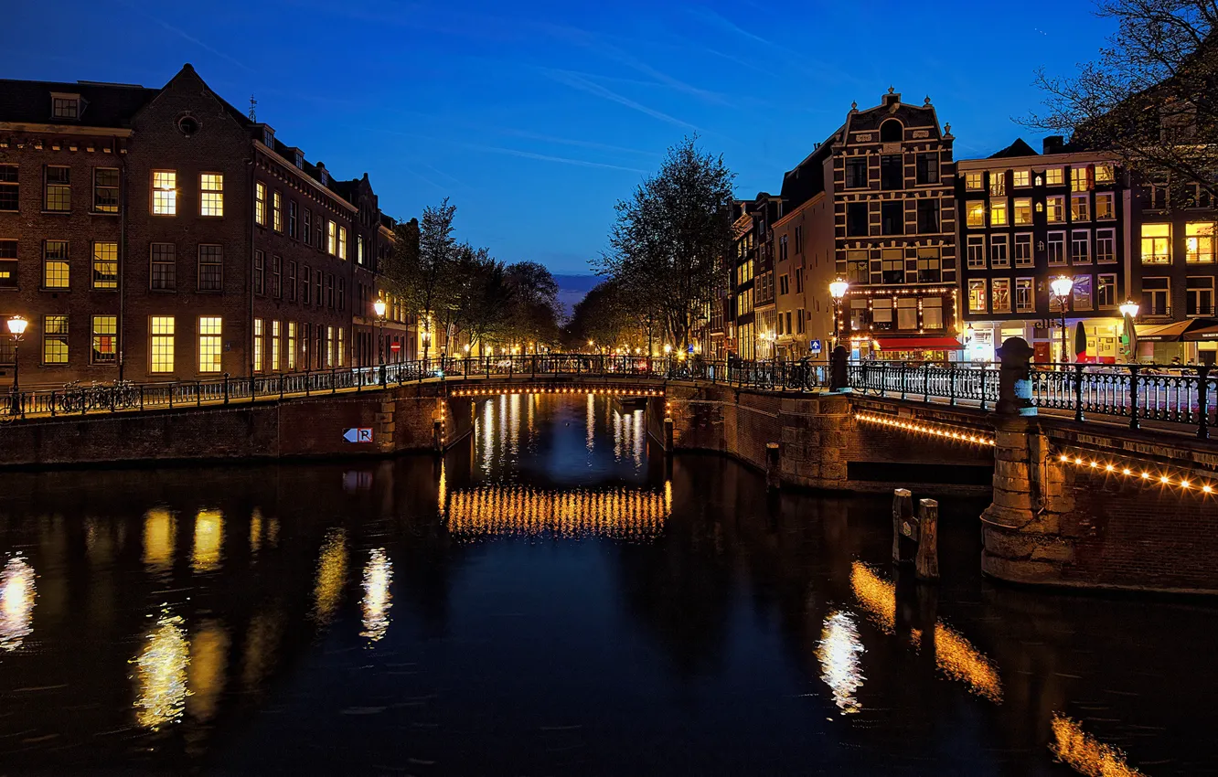 Photo wallpaper night, bridge, lights, river, home, Amsterdam, lights, channel