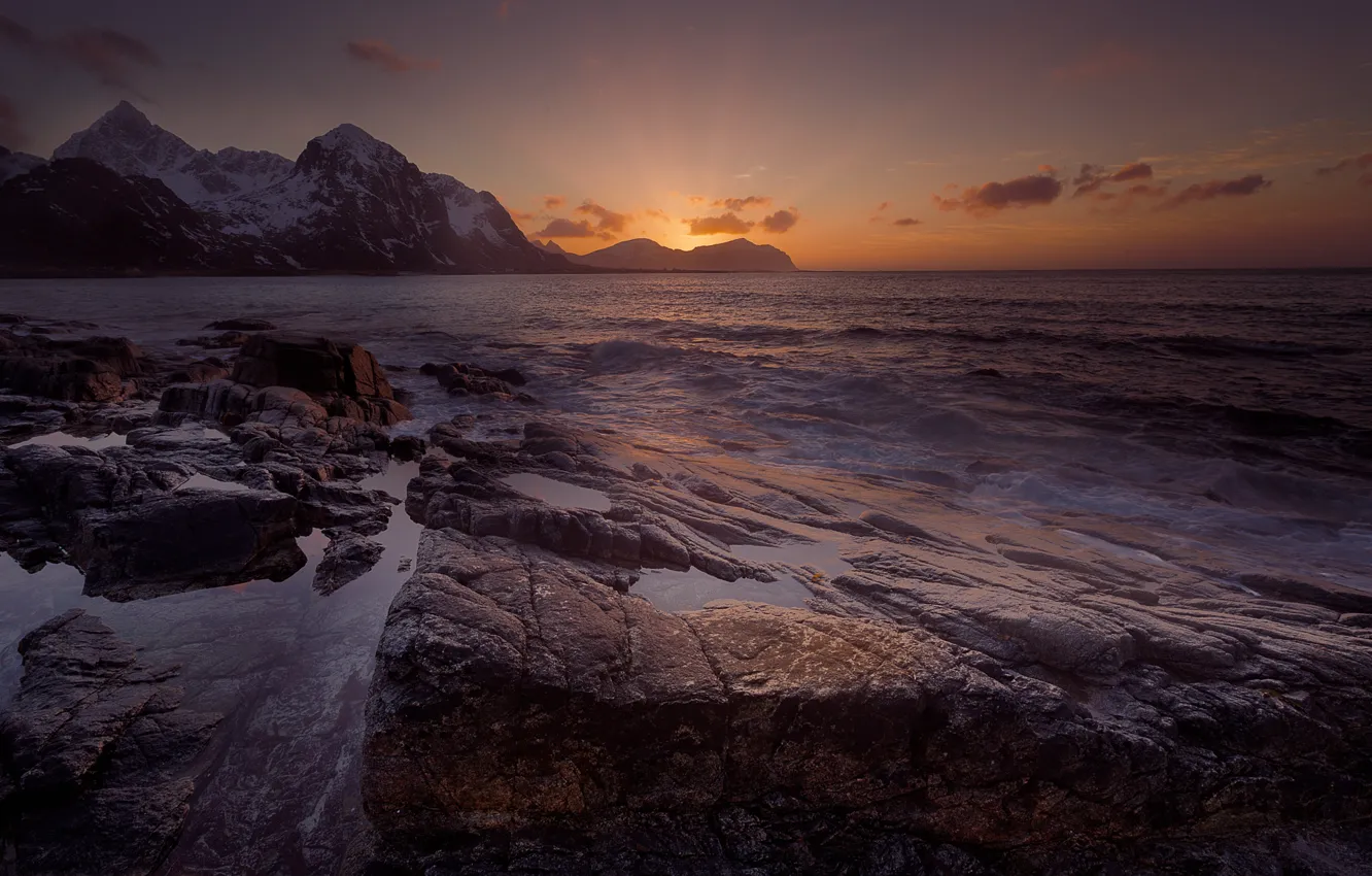 Photo wallpaper sea, sunset, mountains, Norway
