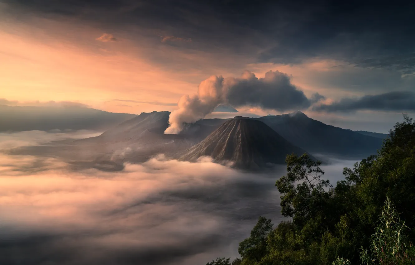 Photo wallpaper light, fog, ash, smoke, island, morning, Indonesia, Bromo