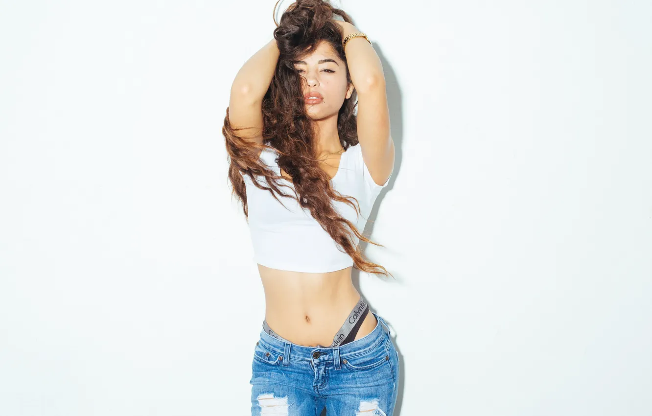 Photo wallpaper pose, jeans, hands, figure, white background, t-shirt, curls, long hair