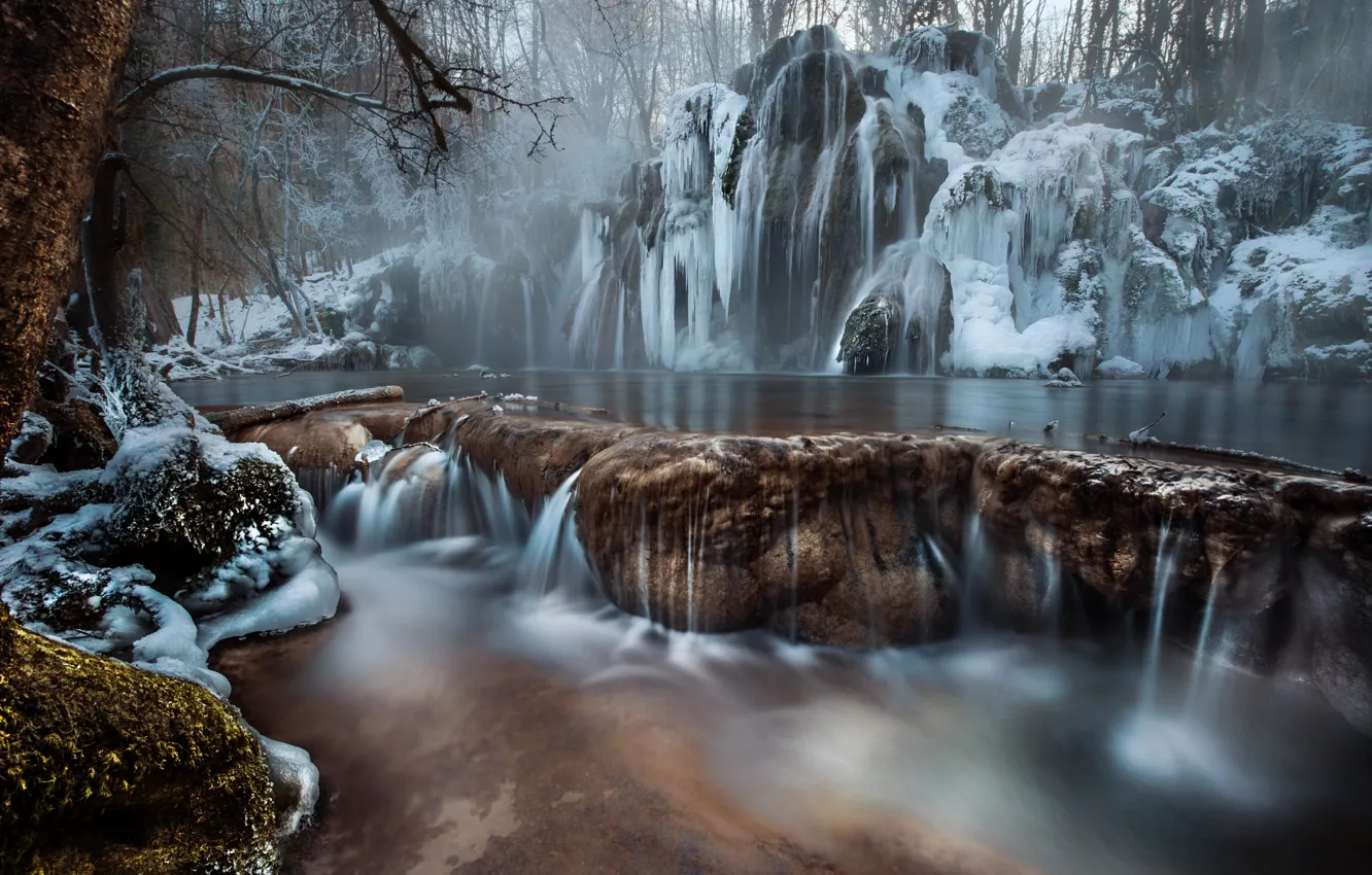 Photo wallpaper winter, water, trees, nature, river, stones, ice, icicles
