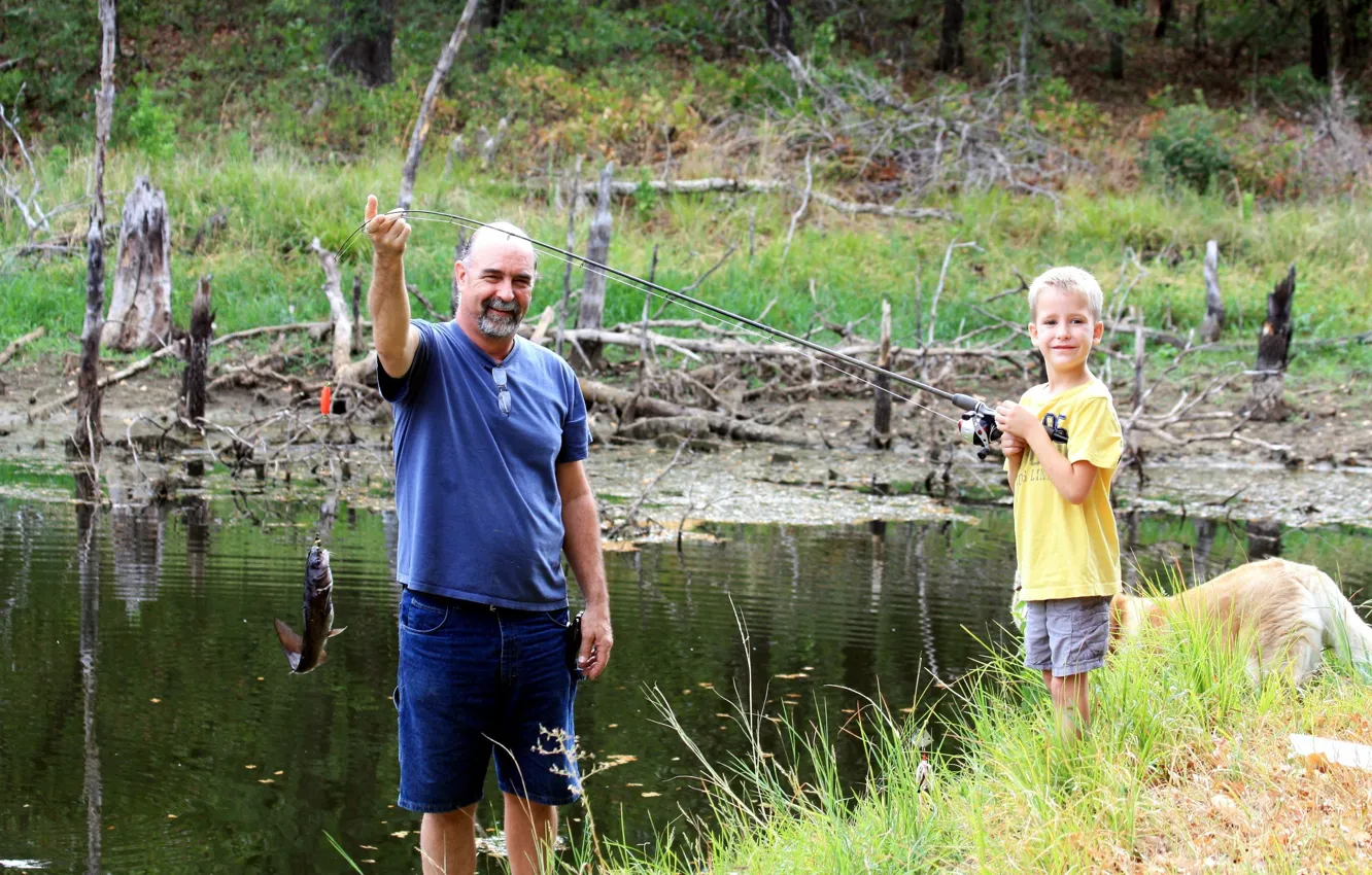 Photo wallpaper fishing, fish, boy, male, rod, catch