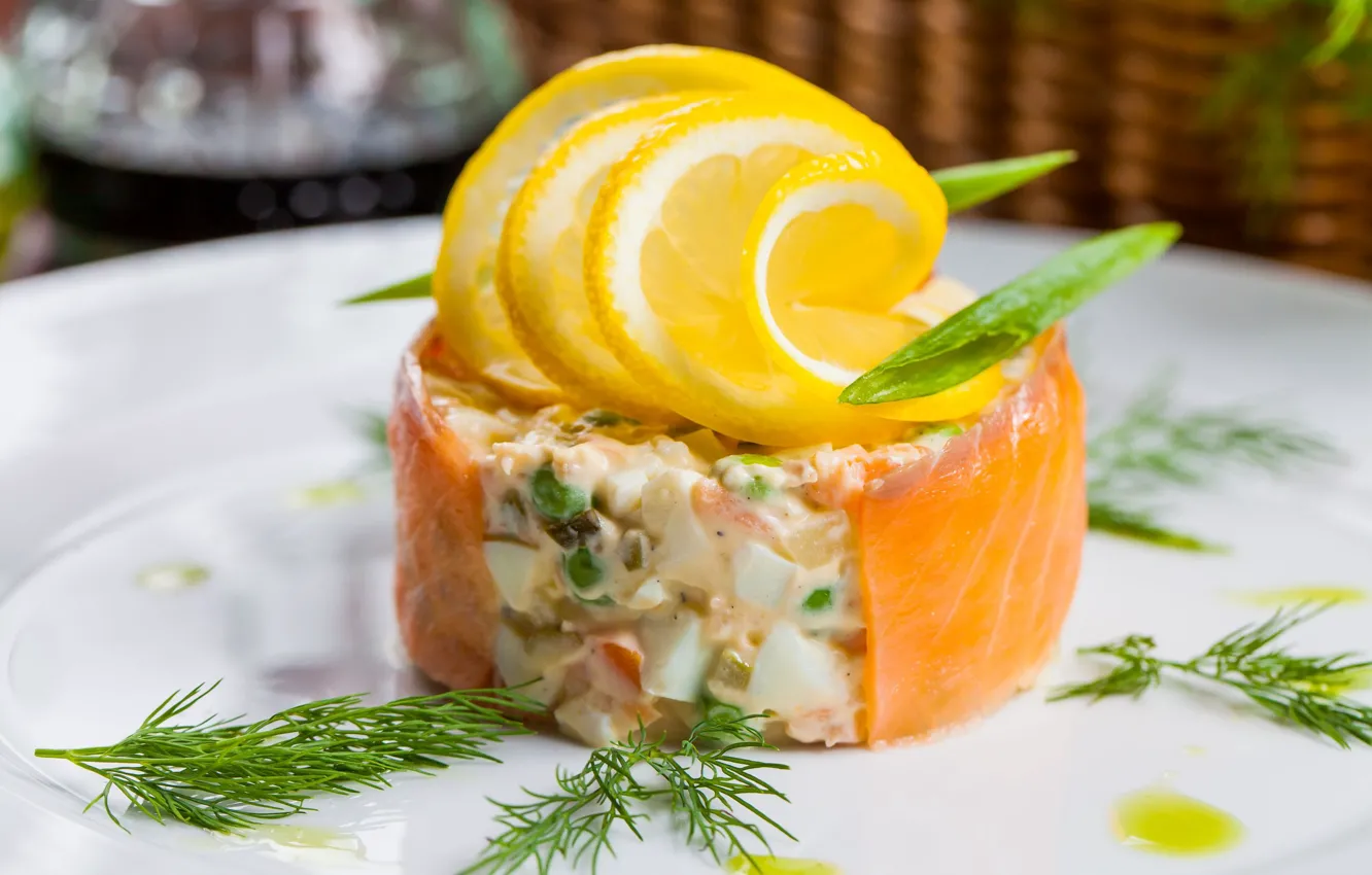Photo wallpaper lemon, salad, salmon, Olivier