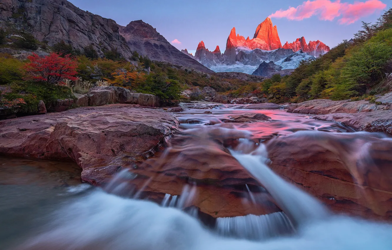 Photo wallpaper autumn, trees, mountains, river, tops, stream, peak, Argentina