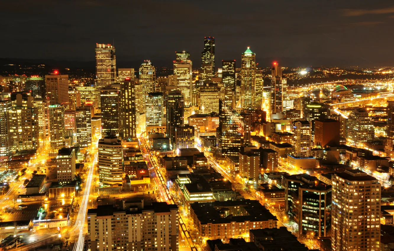 Photo wallpaper lights, building, skyscrapers, backlight, Seattle, USA, USA, night city
