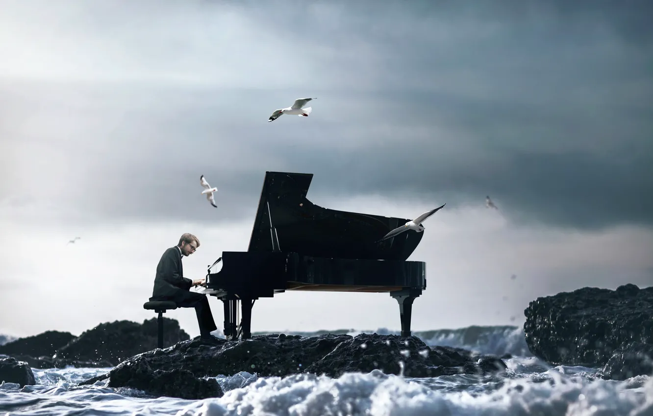 Photo wallpaper wave, seagulls, piano, pianist, Vincent Bourilhon, The Ocean Symphony