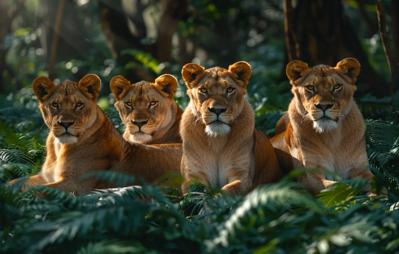Photo wallpaper Look, Trees, Leaves, Muzzle, Digital art, Lioness, Big Cats, AI art