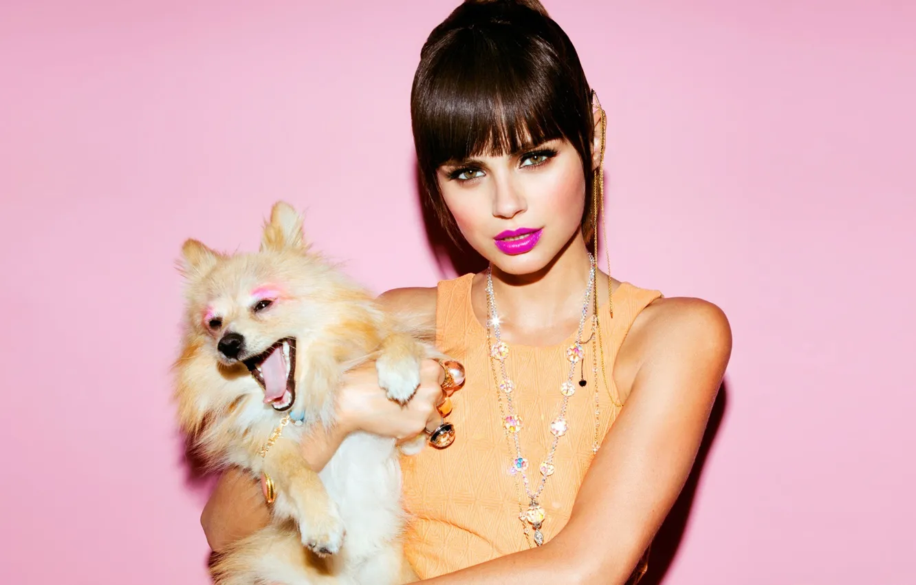 Photo wallpaper look, background, model, dog, makeup, lips, Xenia Deli