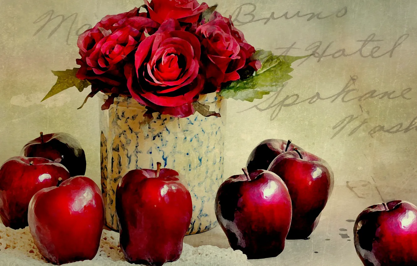 Photo wallpaper flowers, apples, roses, still life