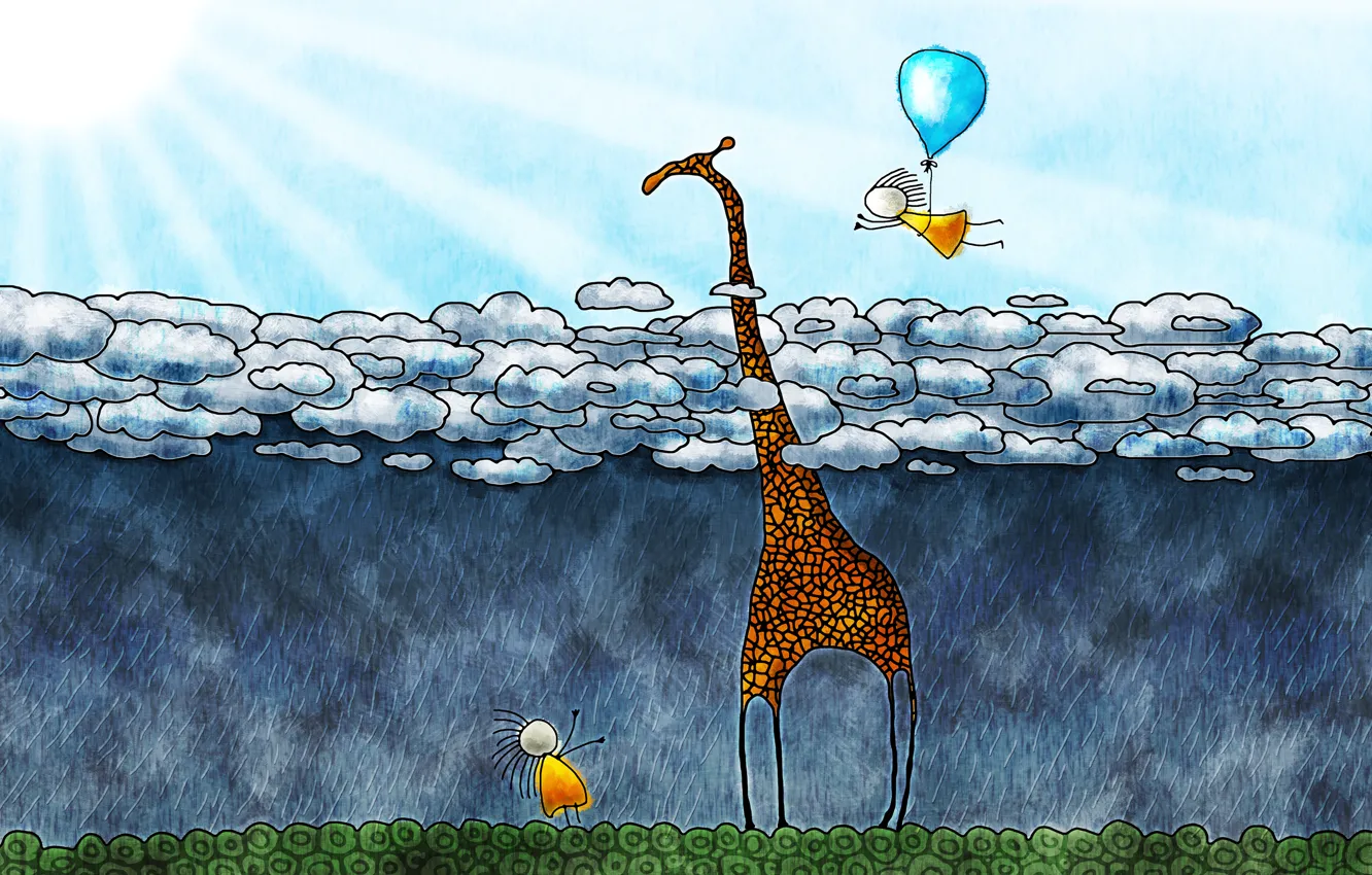 Photo wallpaper clouds, children, giraffe