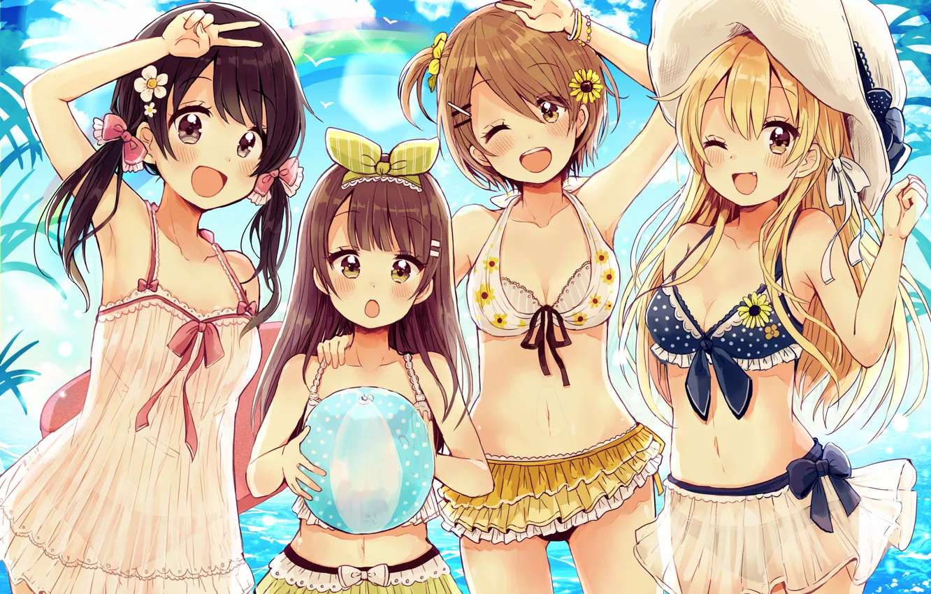 Photo wallpaper sexy, cleavage, long hair, dress, sea, girls, brown hair, brown eyes