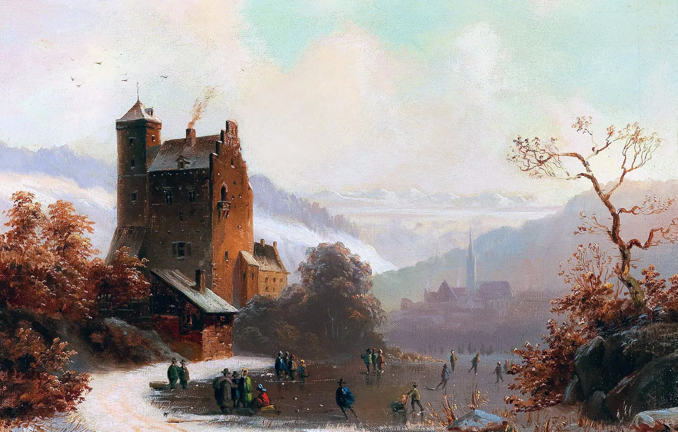 Photo wallpaper Home, Winter, Snow, Ice, People, Picture, German painter, Anton Doll