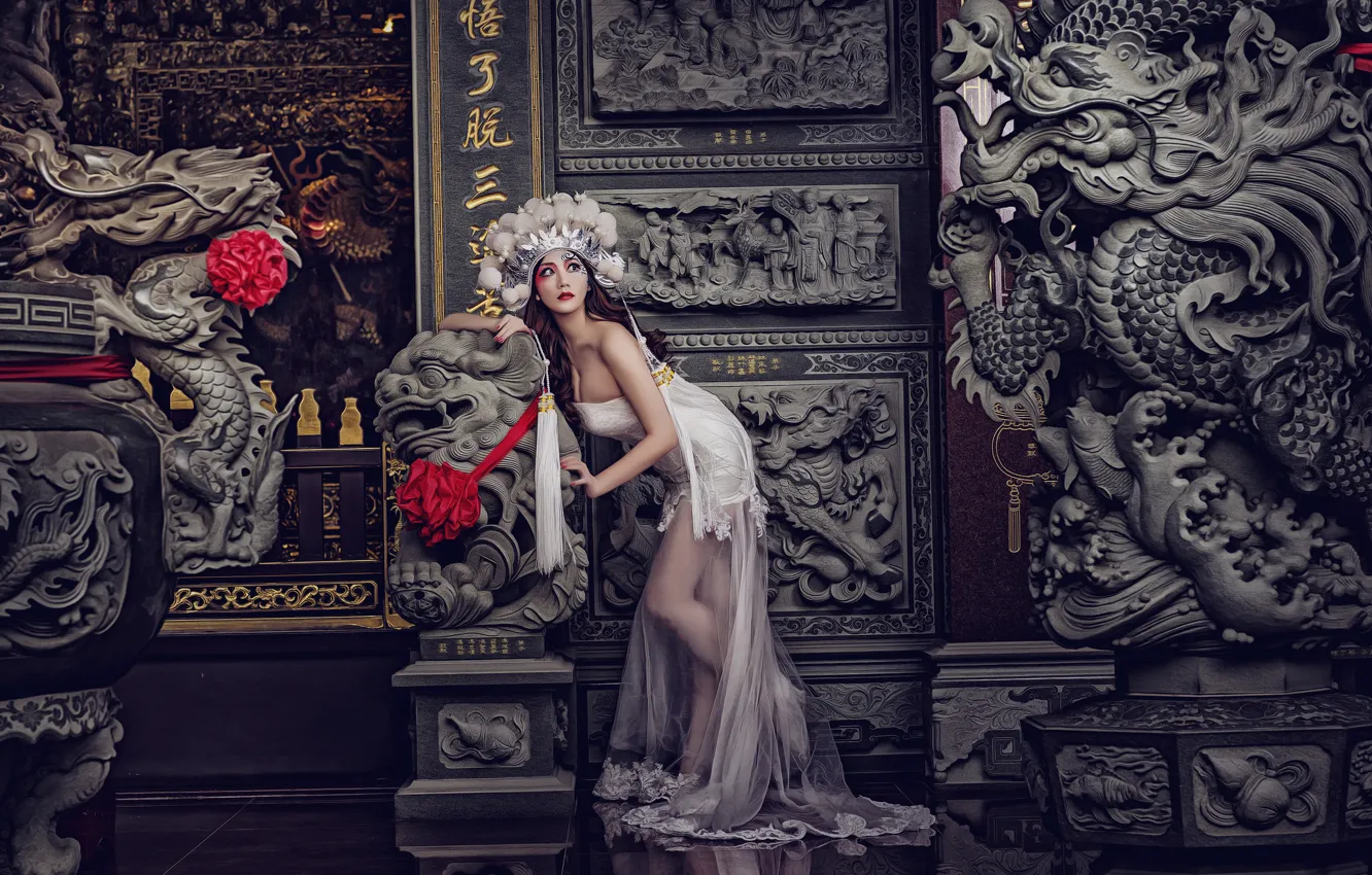 Photo wallpaper pose, style, model, dress, outfit, Asian, sculpture