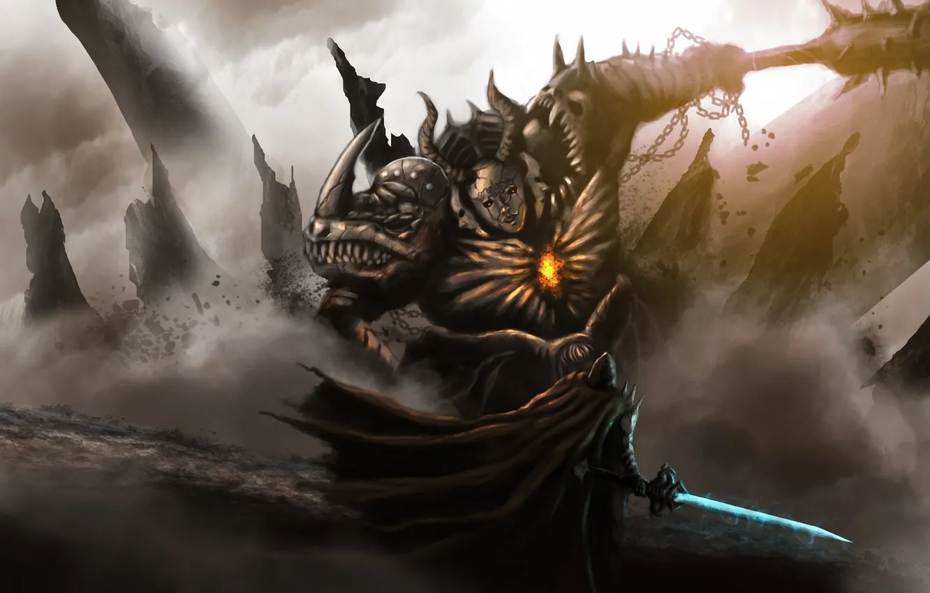 Photo wallpaper weapons, rocks, heart, monster, sword, warrior, mask, art