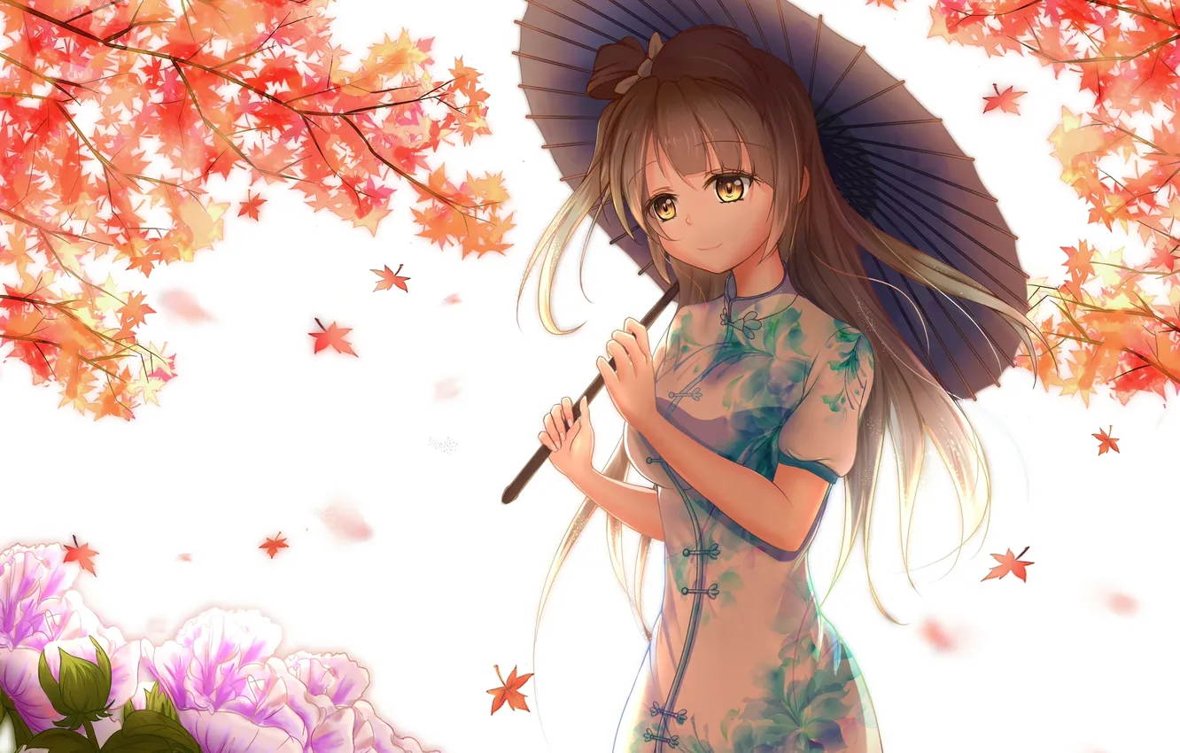Photo wallpaper leaves, girl, flowers, smile, umbrella, anime, art, kimono