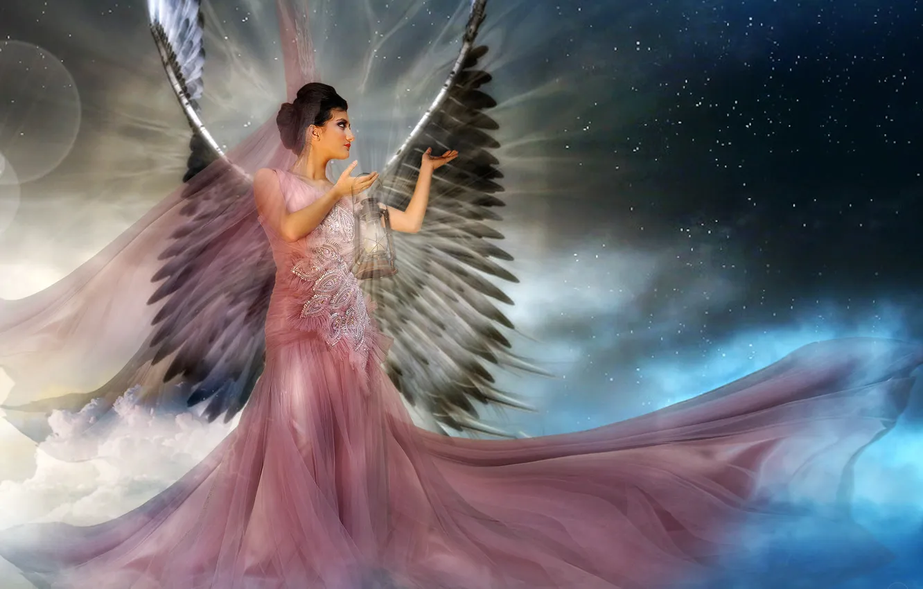 Photo wallpaper the sky, girl, stars, light, face, fog, wings, angel