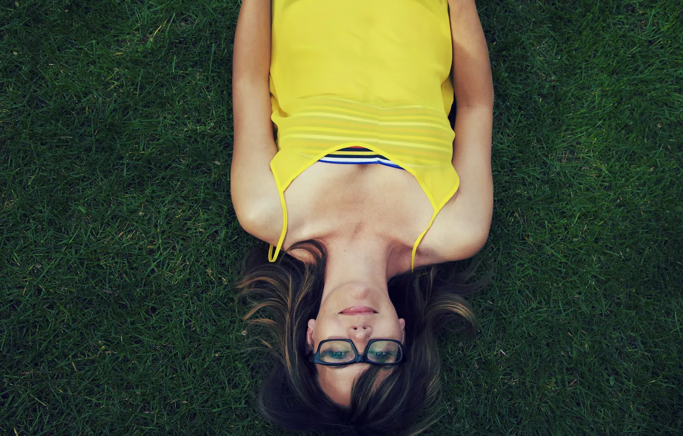 Photo wallpaper grass, girl, glasses, lies