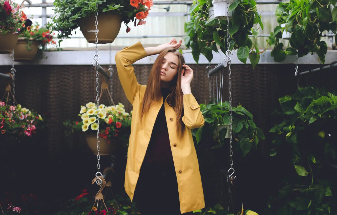 Photo wallpaper girl, flowers, plants, cloak